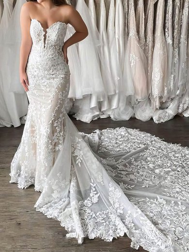 Trumpet/Mermaid V-neck Tulle Court Train Wedding Dresses With Appliques Lace #Milly00024277