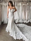 Trumpet/Mermaid V-neck Tulle Court Train Wedding Dresses With Appliques Lace #Milly00024277