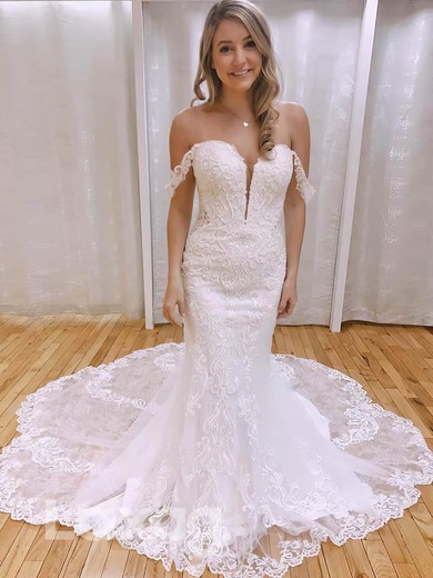Trumpet/Mermaid Off-the-shoulder Tulle Sweep Train Appliques Lace Wedding Dresses #Milly00024278