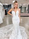 Trumpet/Mermaid V-neck Tulle Court Train Wedding Dresses With Appliques Lace #Milly00024279