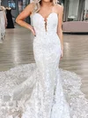 Trumpet/Mermaid V-neck Tulle Court Train Wedding Dresses With Appliques Lace #Milly00024279