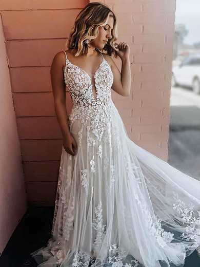 A-line V-neck Tulle Court Train Appliques Lace Wedding Dresses #Milly00024280