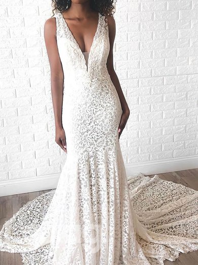 Trumpet/Mermaid V-neck Lace Sweep Train Wedding Dresses #Milly00024285