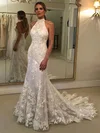 Trumpet/Mermaid Halter Tulle Sweep Train Wedding Dresses With Appliques Lace #Milly00024319