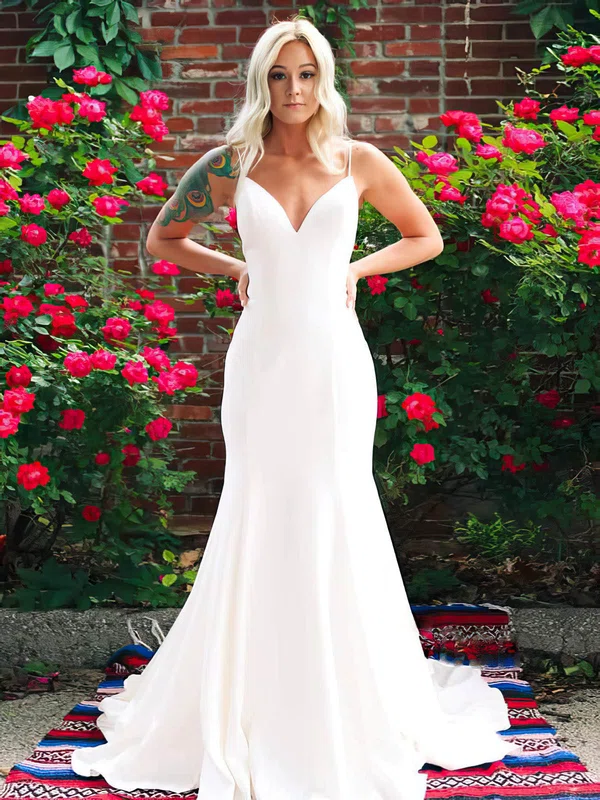 Trumpet/Mermaid V-neck Satin Court Train Wedding Dresses With Bow #Milly00024320