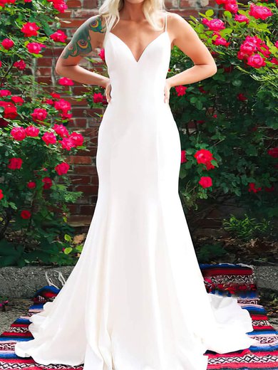 Trumpet/Mermaid V-neck Satin Court Train Wedding Dresses With Bow #Milly00024320