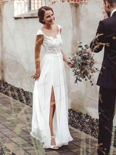 A-line Scoop Neck Chiffon Floor-length Split Front Wedding Dresses #Milly00024327