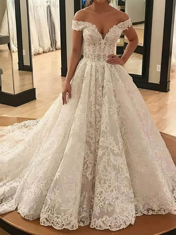 Ball Gown/Princess Off-the-shoulder Tulle Court Train Wedding Dresses With Beading #Milly00024330