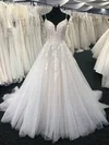 Ball Gown V-neck Tulle Sweep Train Wedding Dresses With Appliques Lace #Milly00024333