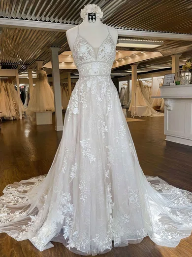 Ball Gown/Princess V-neck Tulle Sweep Train Wedding Dresses With Beading #Milly00024334