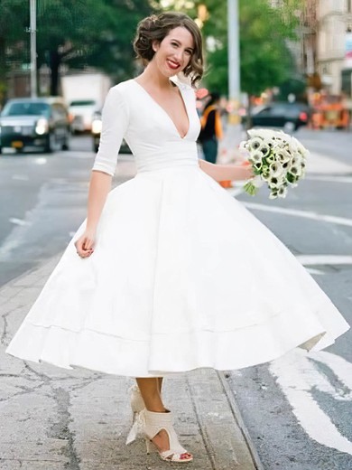 Ball Gown V-neck Satin Tea-length Wedding Dresses #Milly00024335