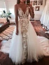 Ball Gown V-neck Tulle Sweep Train Wedding Dresses With Appliques Lace #Milly00024336