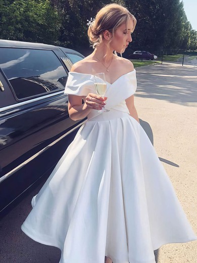 A-line Off-the-shoulder Satin Tea-length Wedding Dresses #Milly00024337