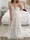 A-line V-neck Tulle Sweep Train Wedding Dresses With Appliques Lace #Milly00024338