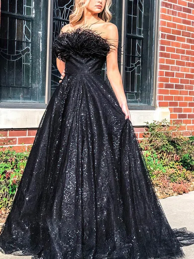Black Ball Gown Strapless Tulle Prom Dresses With Feather #Milly020107721