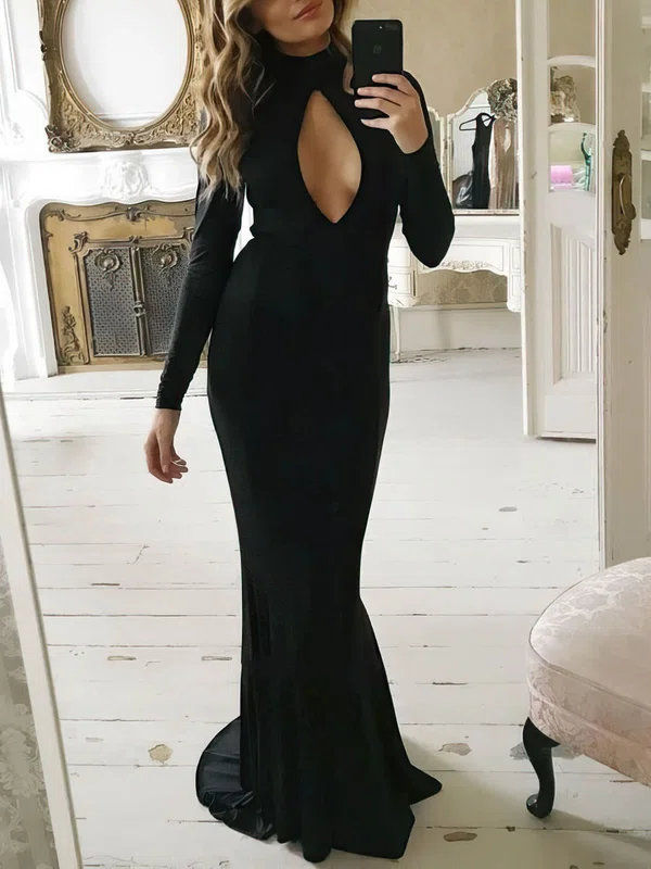 Sheath/Column Sweep Train High Neck Jersey Long Sleeves Sexy Prom Dresses #Milly020107728