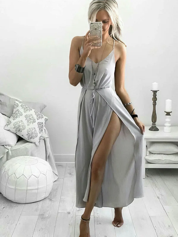 A-line Ankle-length V-neck Silk-like Satin Split Front Prom Dresses #Milly020107731