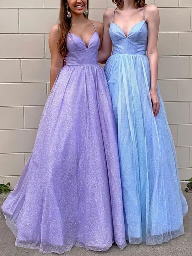 Ball Gown V-neck Floor-length Glitter Tulle Prom Dresses #Milly020107741