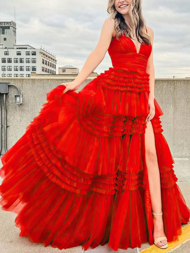 Ball Gown/Princess V-neck Tulle Sweep Train Prom Dresses With Tiered S020107743