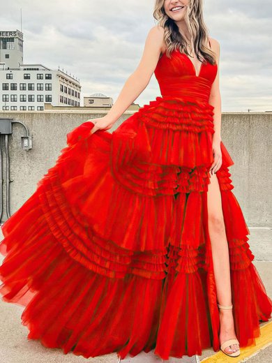 Ball Gown V-neck Tulle Ruffle Tiered Prom Dresses #Milly020107743