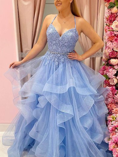 Ball Gown/Princess V-neck Organza Glitter Floor-length Beading Prom Dresses #Milly020107746