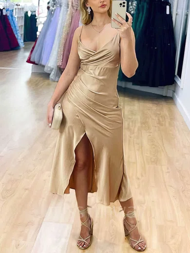 Sheath/Column V-neck Silk-like Satin Tea-length Split Front Prom Dresses #Milly020107748