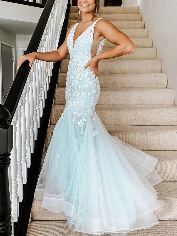 Trumpet/Mermaid V-neck Tulle Sweep Train Appliques Lace Prom Dresses #Milly020107750