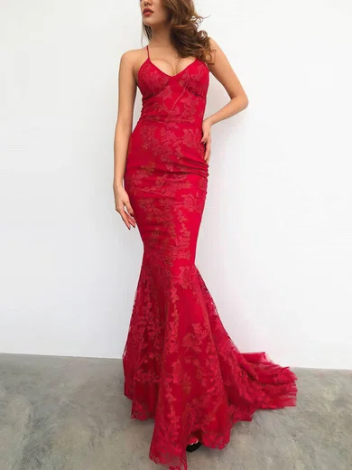 Trumpet/Mermaid V-neck Lace Sweep Train Prom Dresses #Milly020107752