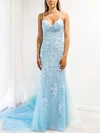 Trumpet/Mermaid V-neck Tulle Court Train Appliques Lace Prom Dresses #Milly020107753