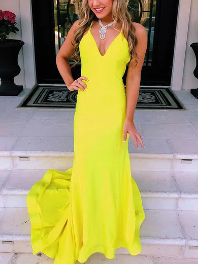 Trumpet/Mermaid V-neck Silk-like Satin Sweep Train Prom Dresses #Milly020107756