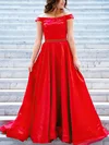 A-line Off-the-shoulder Satin Sweep Train Beading Prom Dresses #Milly020107759
