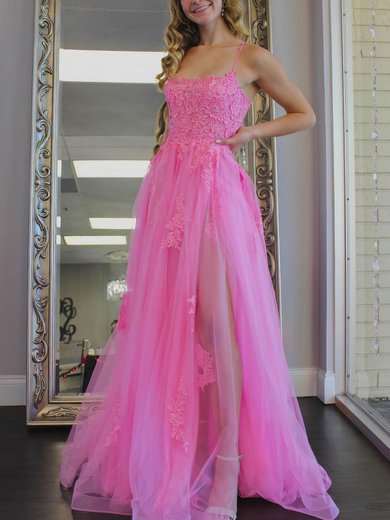 Ball Gown/Princess Sweep Train Square Neckline Tulle Appliques Lace Prom Dresses #Milly020107766
