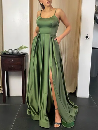 A-line Sweep Train Scoop Neck Satin Pockets Prom Dresses #Milly020107768