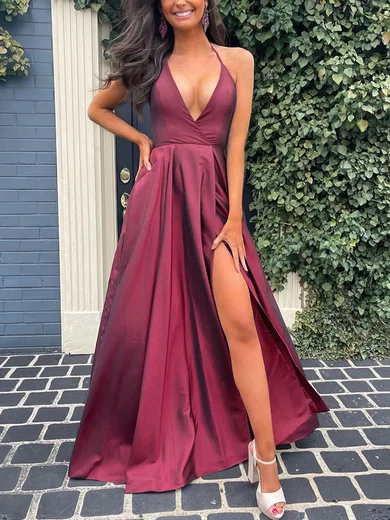 A-line Sweep Train Halter Silk-like Satin Split Front Prom Dresses #Milly020107771