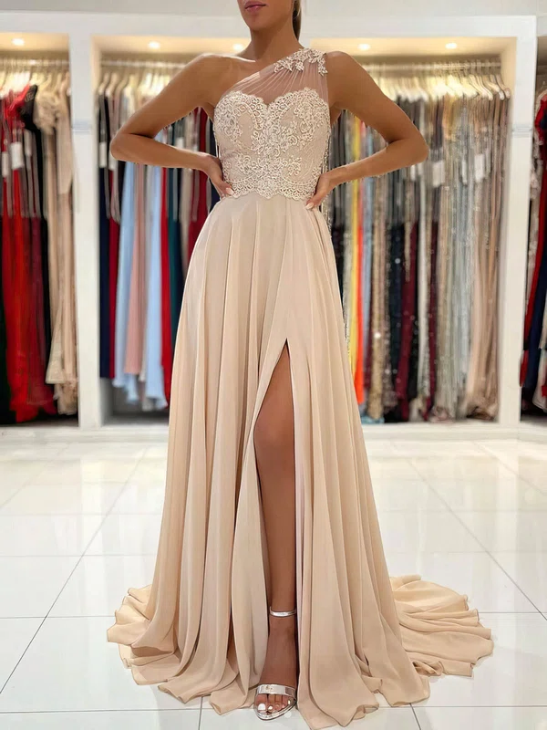 A-line One Shoulder Chiffon Sweep Train Appliques Lace Prom Dresses #Milly020107774