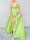 A-line Off-the-shoulder Silk-like Satin Sweep Train Split Front Prom Dresses #Milly020107775