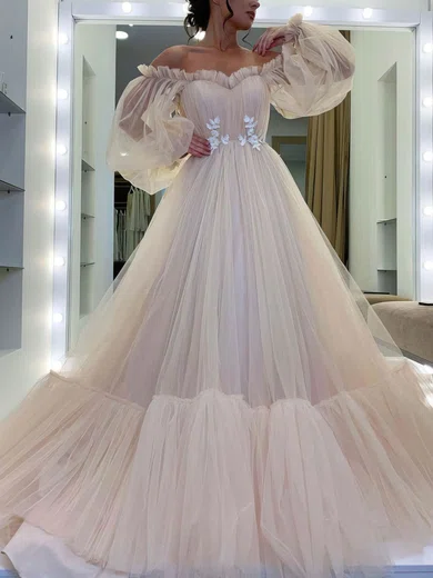 Ball Gown/Princess Floor-length Off-the-shoulder Tulle Appliques Lace Prom Dresses #Milly020107776
