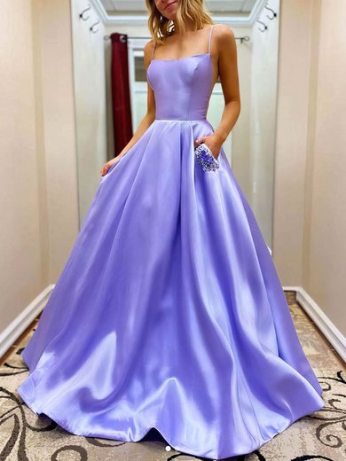 A-line Square Neckline Satin Sweep Train Beading Prom Dresses #Milly020107784