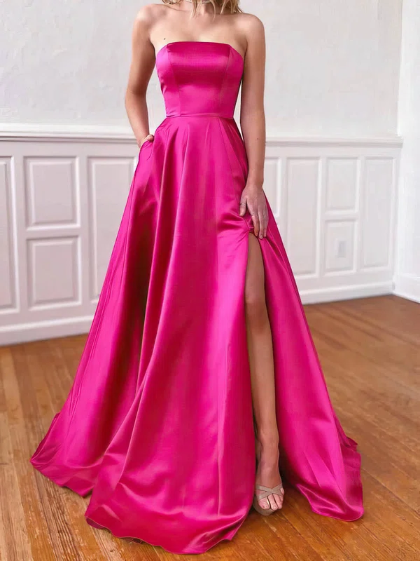 A-line Strapless Satin Sweep Train Pockets Prom Dresses #Milly020107785