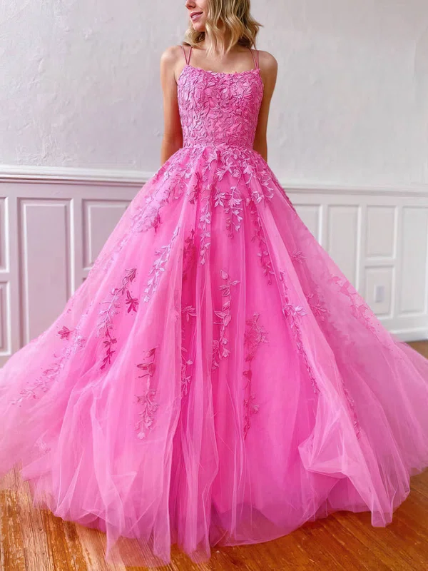 Ball Gown Scoop Neck Tulle Sweep Train Appliques Lace Prom Dresses #Milly020107786
