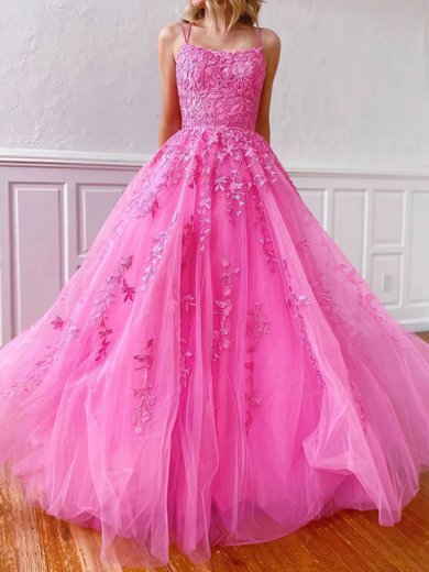 Ball Gown Scoop Neck Tulle Sweep Train Appliques Lace Prom Dresses #Milly020107786