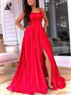 A-line Square Neckline Satin Sweep Train Pockets Prom Dresses #Milly020107787