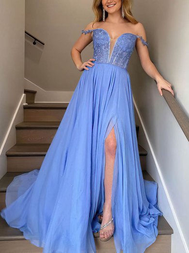 A-line Off-the-shoulder Chiffon Sweep Train Beading Prom Dresses #Milly020107788