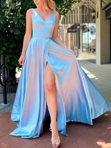 A-line Sweep Train V-neck Silk-like Satin Split Front Prom Dresses #Milly020107793