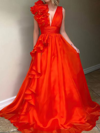 Ball Gown/Princess Sweep Train V-neck Organza Flower(s) Prom Dresses #Milly020107796