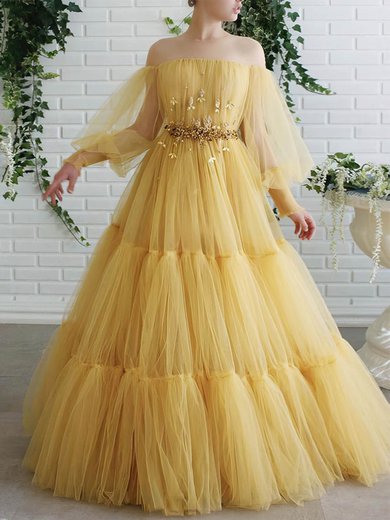 Ball Gown/Princess Floor-length Illusion Tulle Long Sleeves Beading Prom Dresses #Milly020107586