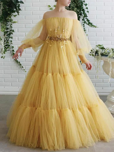 Ball Gown Illusion Puff Sleeve Tulle Prom Dresses With Appliques #Milly020107586
