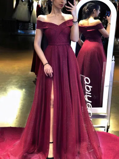 Ball Gown Off-the-shoulder Tulle Prom Dresses With Split #Milly020107590