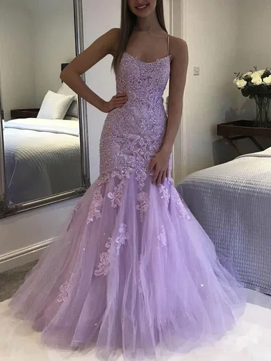 Mermaid Scoop Neck Floor-length Tulle Prom Dresses With Appliques #Milly020107593