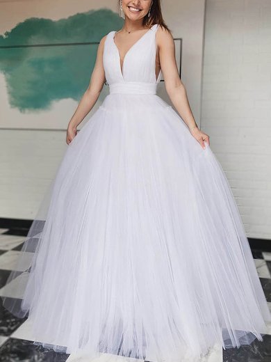 A-line V-neck Tulle Sweep Train Prom Dresses #Milly020107600